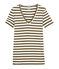 Women's striped original rib V-neck T-shirt SHITAKE brown/MARSHMALLOW white
