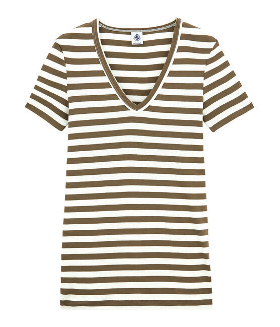 Women's striped original rib V-neck T-shirt SHITAKE brown/MARSHMALLOW white