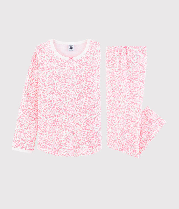 Girls' Ribbed Pink Floral Pyjamas white/pink