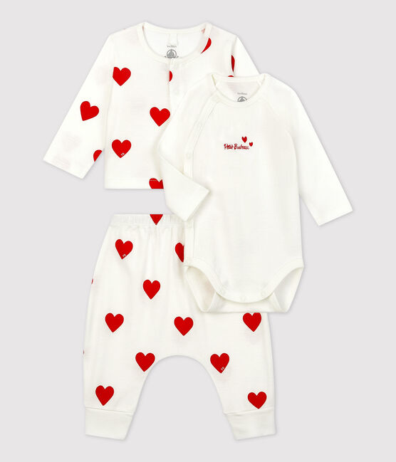 Babies' Organic Cotton Heart Print Clothing - 3-Piece Set MARSHMALLOW white/TERKUIT red