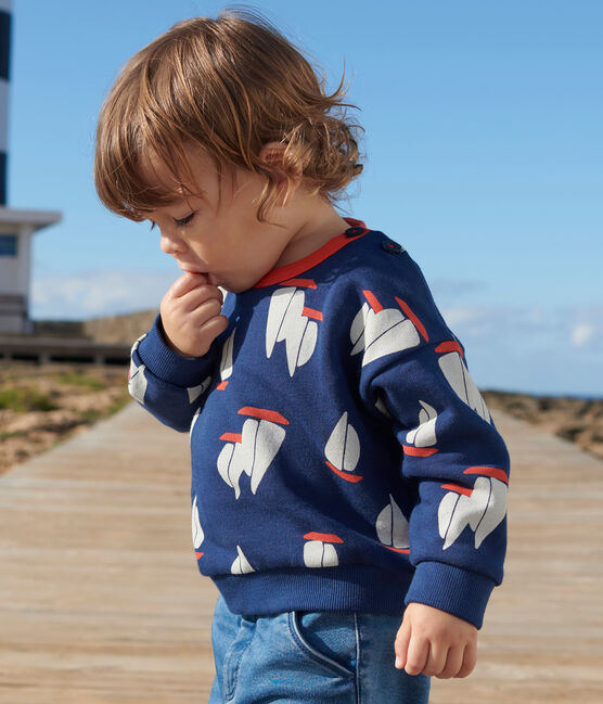 Babies' cotton sweatshirt with a large-scale boat print MEDIEVAL blue/MULTICO white
