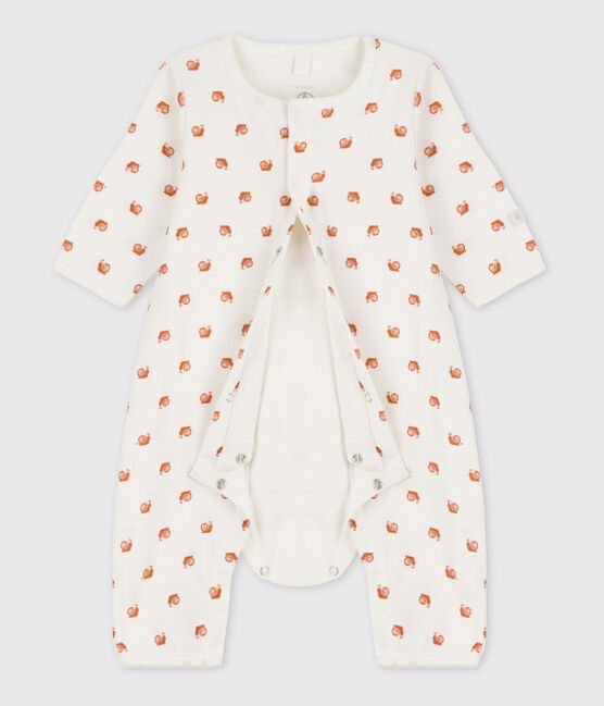 Babies' Patterned Footless Cotton Bodyjama MARSHMALLOW white/ECUREUIL