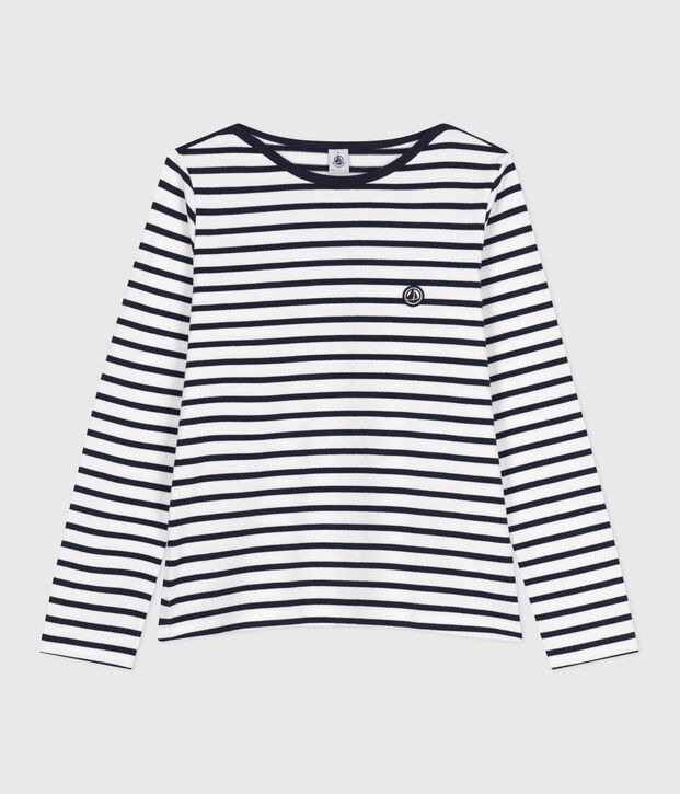 Women's long-sleeved Breton top in thick cotton white/blue