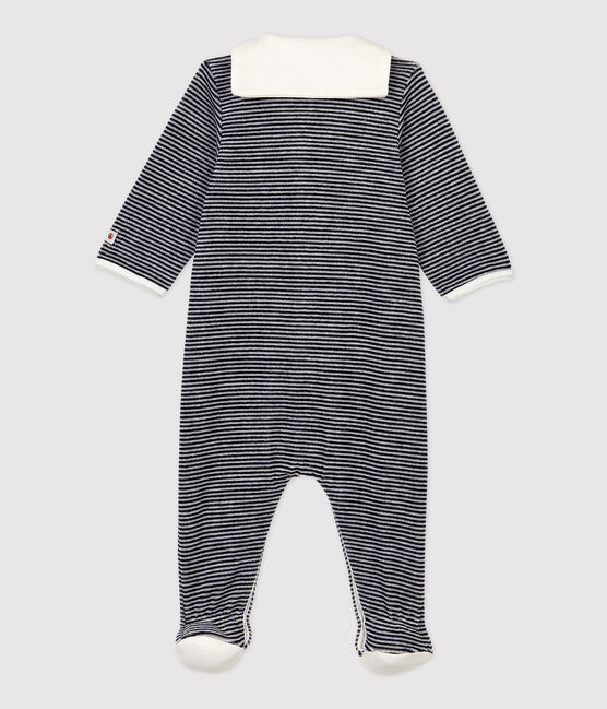 Babies' Stripy Organic Cotton Velour Sleepsuit with Collar SMOKING blue/MARSHMALLOW white