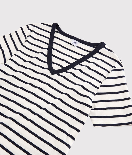 Women's Iconic V-Neck Cotton T-Shirt MARSHMALLOW white/SMOKING blue
