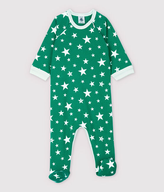 Babies' Zip-Up Starry Cotton Sleepsuit GAZON green/ECUME white