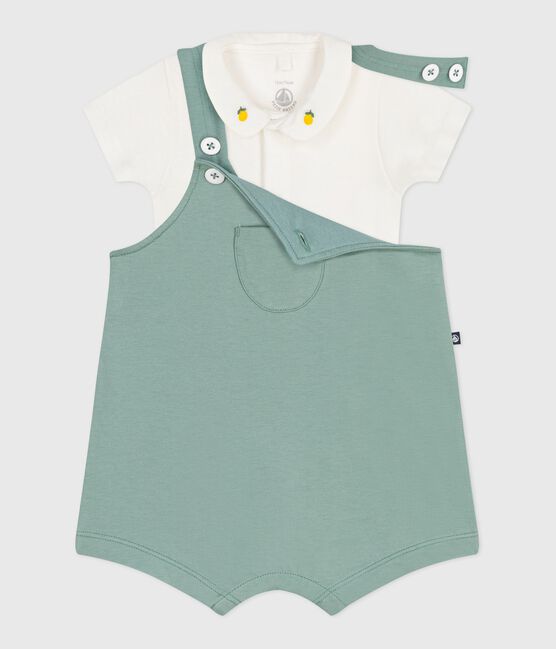Newborn babies' set with dungarees and a body embroidered in plain cotton PAUL green