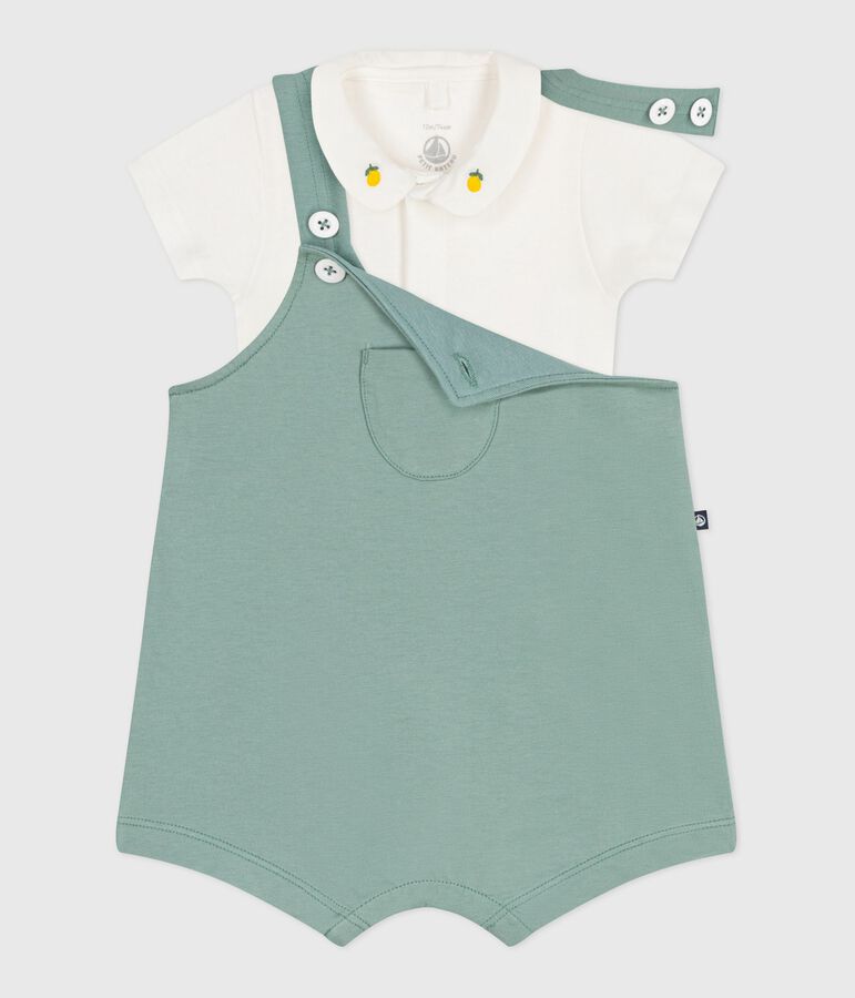 Newborn babies' set with dungarees and a body embroidered in plain cotton green
