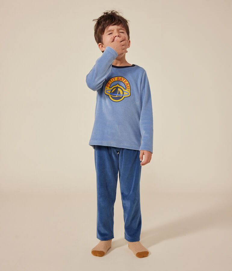 Children's plain velour pyjamas blue/blue