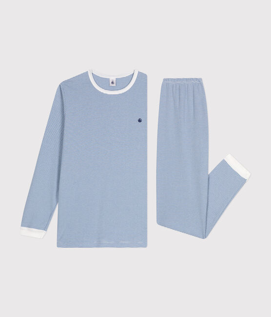 Junior stripy cotton pyjamas BEACH blue/MARSHMALLOW