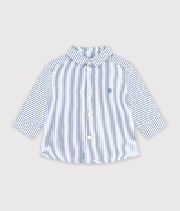 Babies' long-sleeved stripy cotton shirt blue/blue