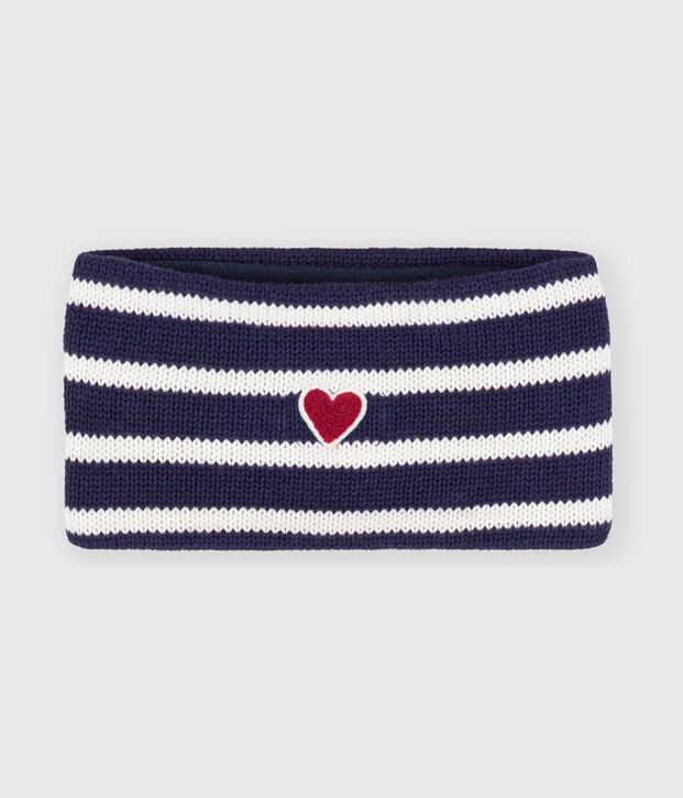 Babies' stripy fleece-lined knitted snood blue/ecru