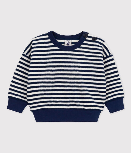 Babies' Striped Terry Sweatshirt MEDIEVAL blue/MARSHMALLOW white