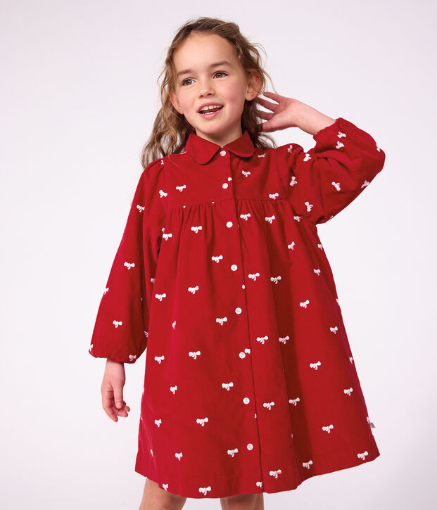 Children's corduroy dress with long sleeves and printed with bows red/ecru