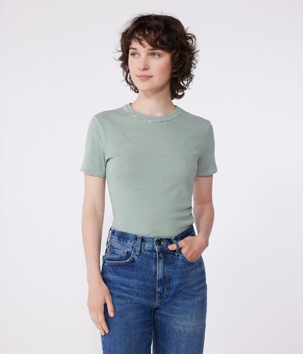 Women's iconic striped cotton T-Shirt green/white