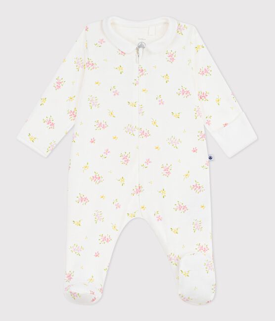 Babies' floral cotton pyjama suit with a collar MARSHMALLOW white/MULTICO white