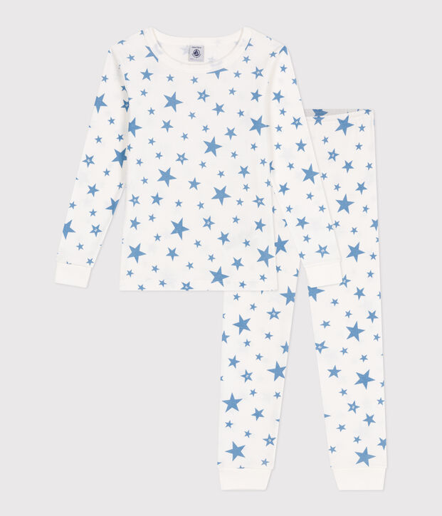 Very fitted children's pajamas in printed cotton white/blue