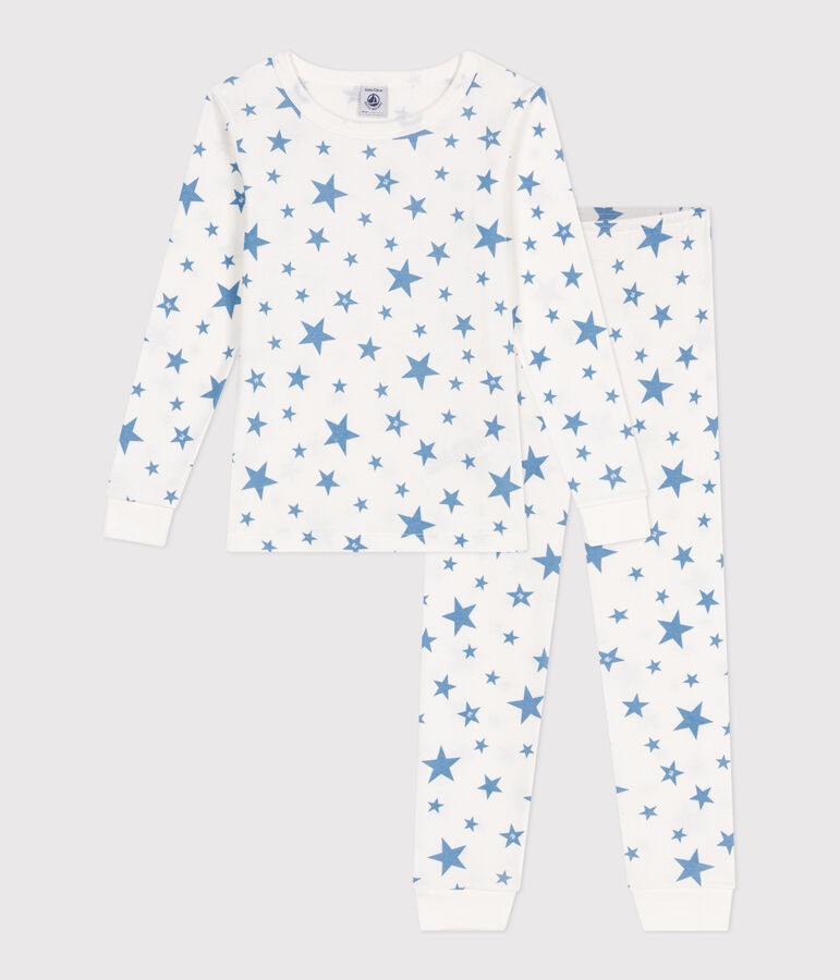 Very fitted children's pajamas in printed cotton white/blue