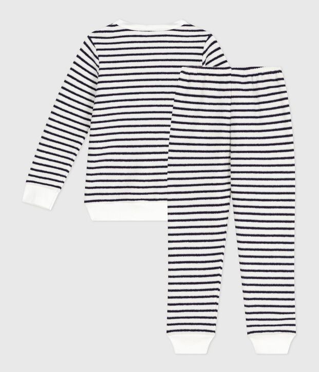 Children's stripy cotton terry pyjamas blue/blue