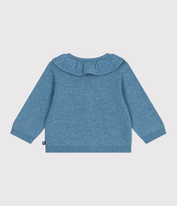 Babies' plain wool and cotton knit cardigan with a collar blue