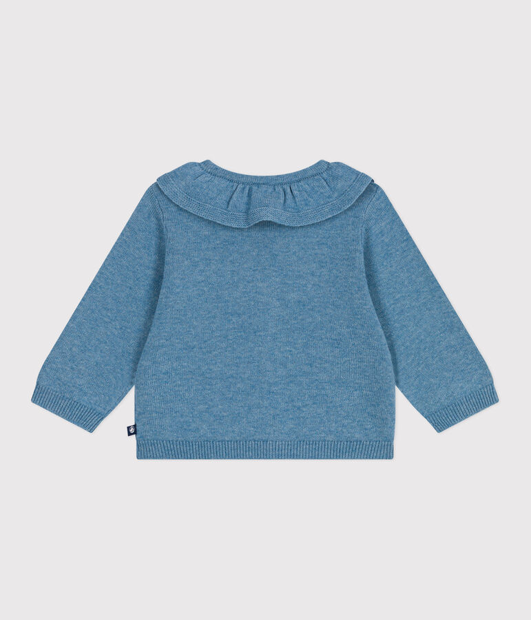 Babies' plain wool and cotton knit cardigan with a collar blue
