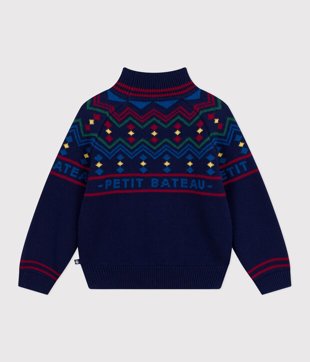Children's high-necked jumper in patterned wool and cotton blue/multicolor