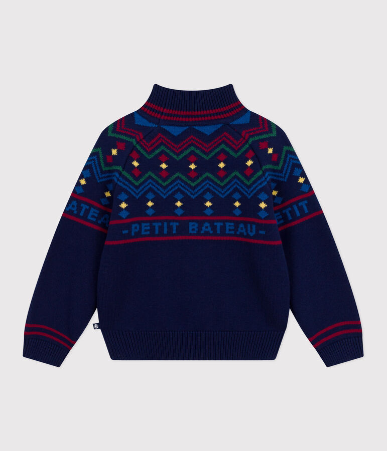 Children's high-necked jumper in patterned wool and cotton blue/multicolor