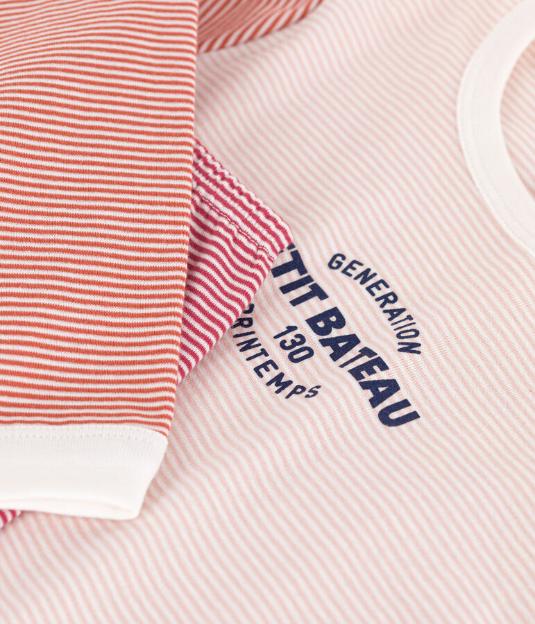 Children's Unisex Three-Tone Pinstriped Cotton Pyjamas SALINE pink/MULTICO white