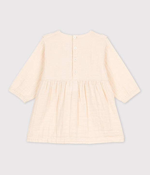 Babies' Long-Sleeved Cotton Gauze Dress Ecru
