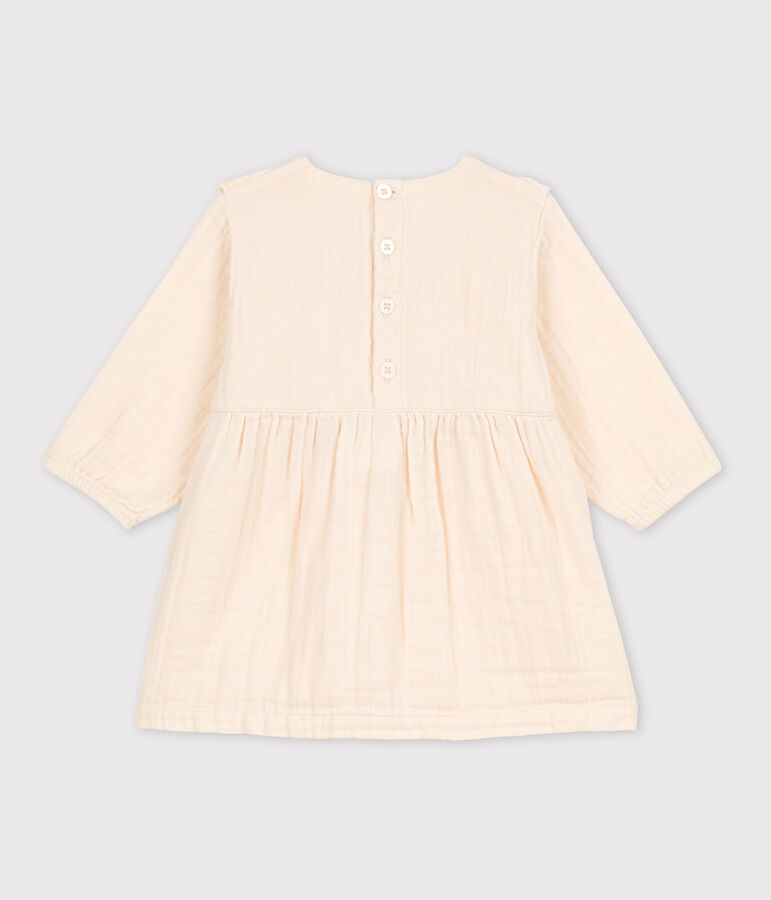 Babies' Long-Sleeved Cotton Gauze Dress Ecru