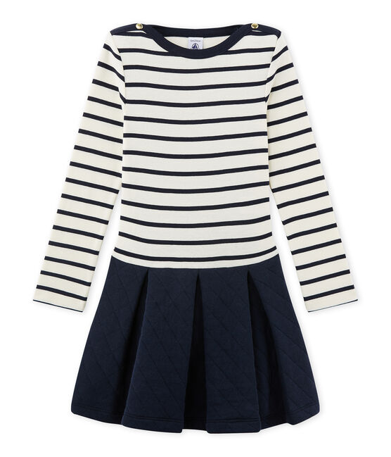 Girl's dual fabric dress COQUILLE beige/SMOKING blue