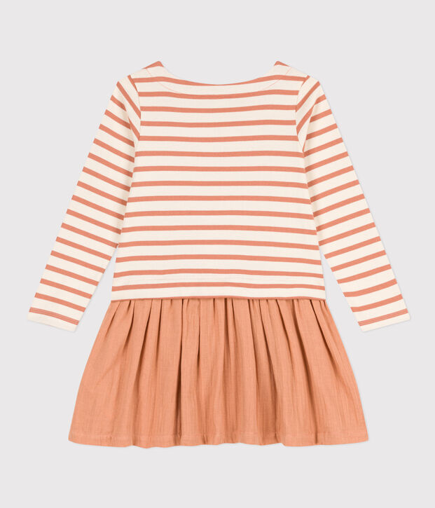 Girls' thick cotton and cotton gauze dress Ecru/pink
