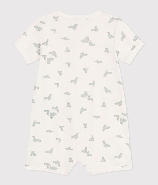 Babies' short cotton whale pattern jumpsuit MARSHMALLOW white/MULTICO white