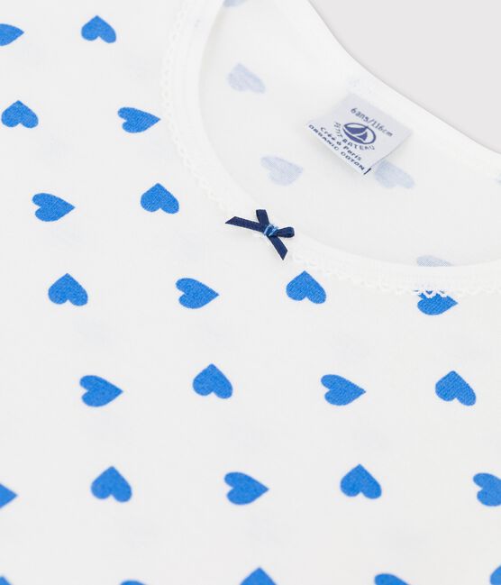 Girls' Blue Heart Patterned Long-Sleeved Cotton Nightdress MARSHMALLOW white/BRASIER blue