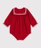 Babies' short jumpsuit in plain velour with a collar red