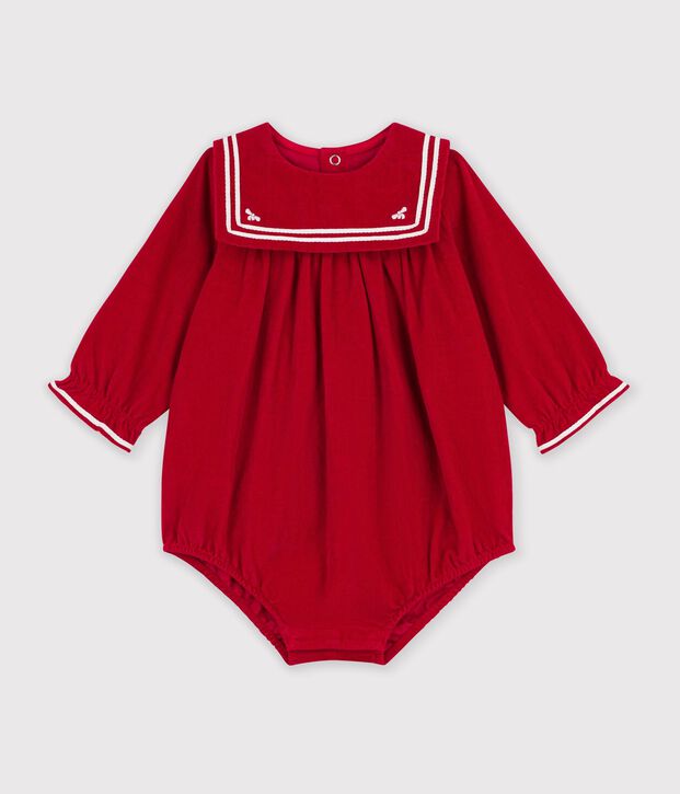 Babies' short jumpsuit in plain velour with a collar red