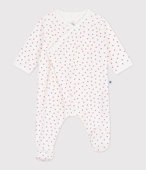 Babies' small heart pattern cotton pyjama suit MARSHMALLOW white/TERKUIT red