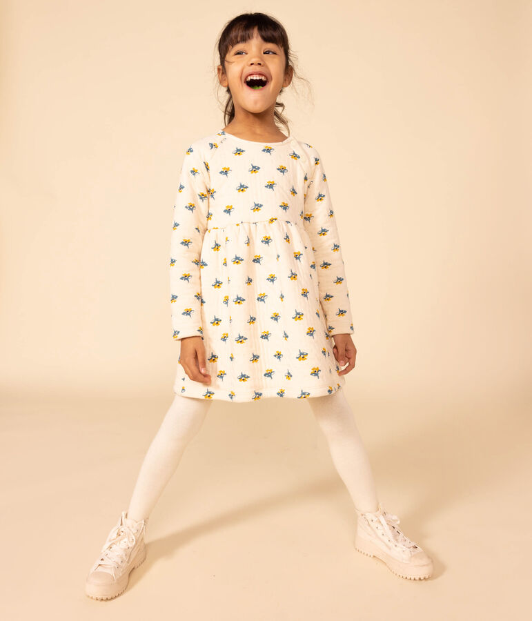 Robe manches longues en tubique imprim&eacute; enfant fille Ecru/multicolor