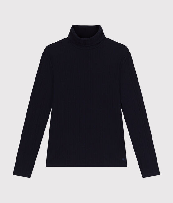 Women's iconic roll neck T-shirt in decorative rib knit SMOKING blue