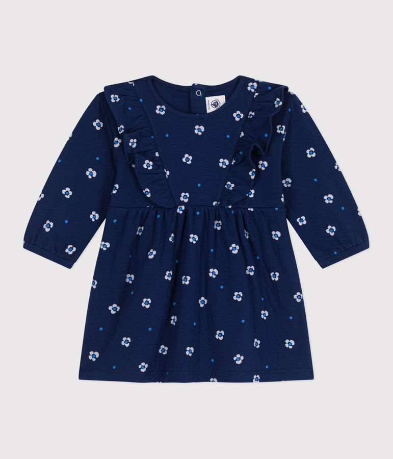 Babies' long sleeved floral print cotton dress blue/multicolor