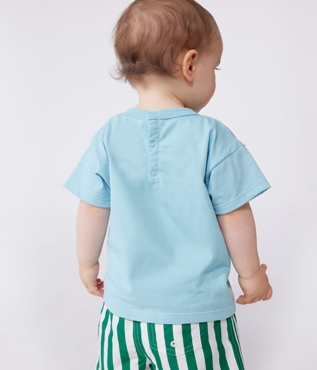 Babies' short-sleeved plain cotton T-shirt blue