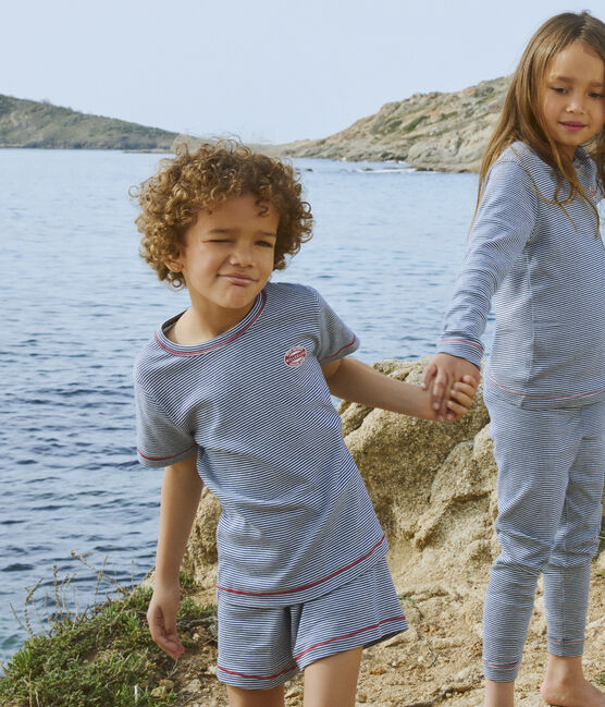 Boys' Pinstriped Short Cotton Pyjamas MEDIEVAL blue/MARSHMALLOW white