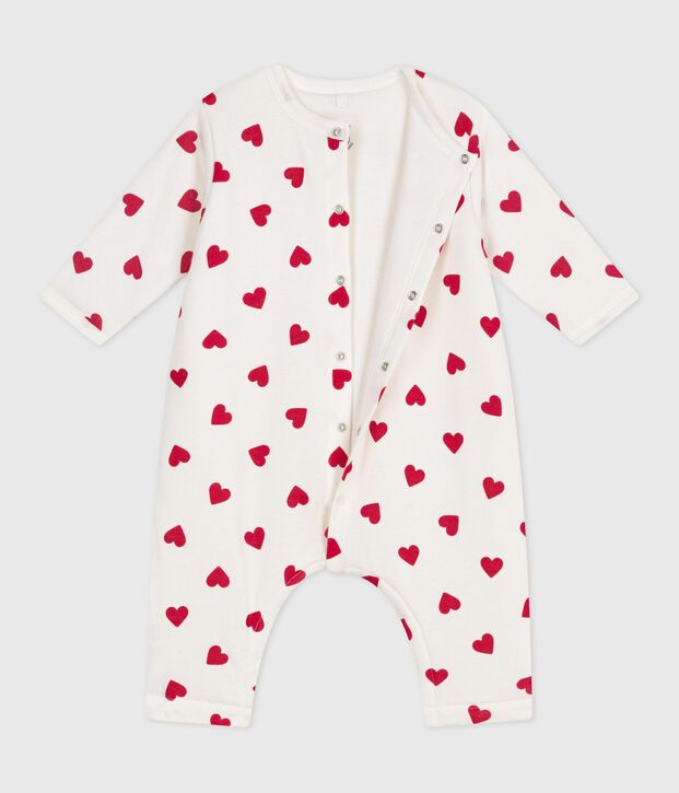Babies' padded heart-print cotton playsuit. white/red
