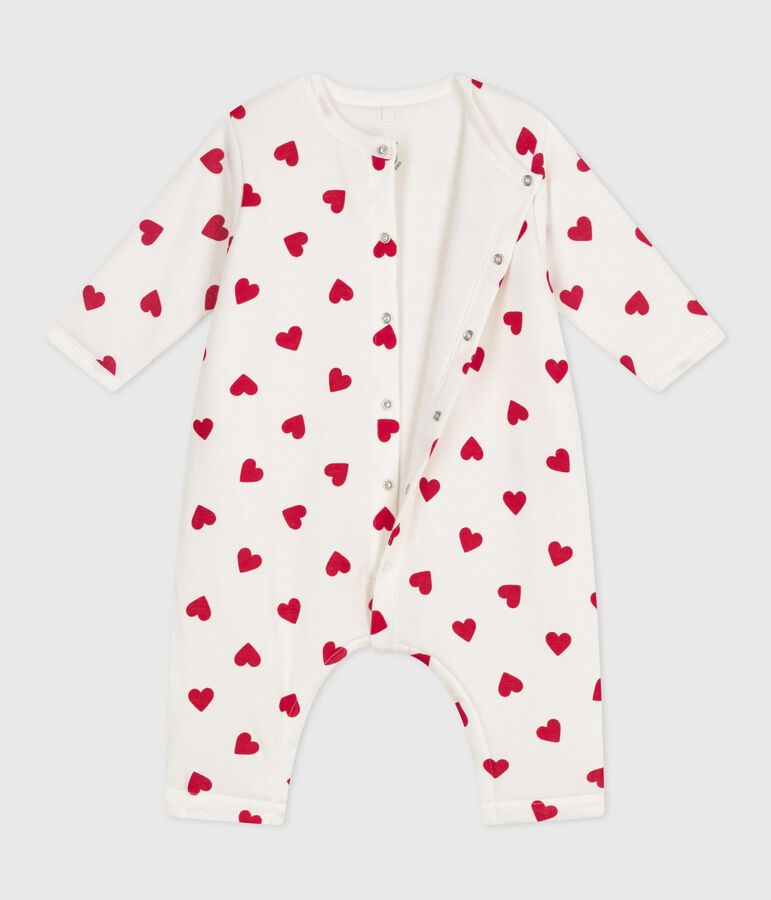 Babies' padded heart-print cotton playsuit. MARSHMALLOW white/TERKUIT red