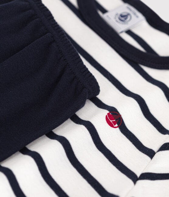 Boys' Short Cotton Pyjamas with Sailor Stripes MARSHMALLOW white/SMOKING blue