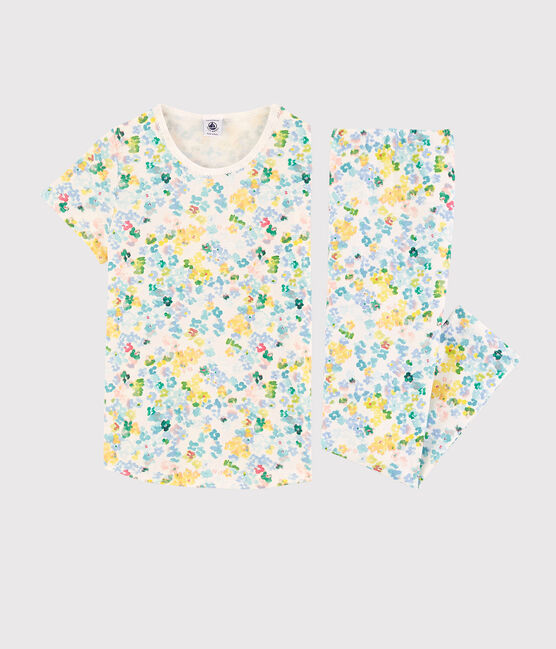 Girls' Watercolour Flowers Cotton Pyjamas MARSHMALLOW white/MULTICO white