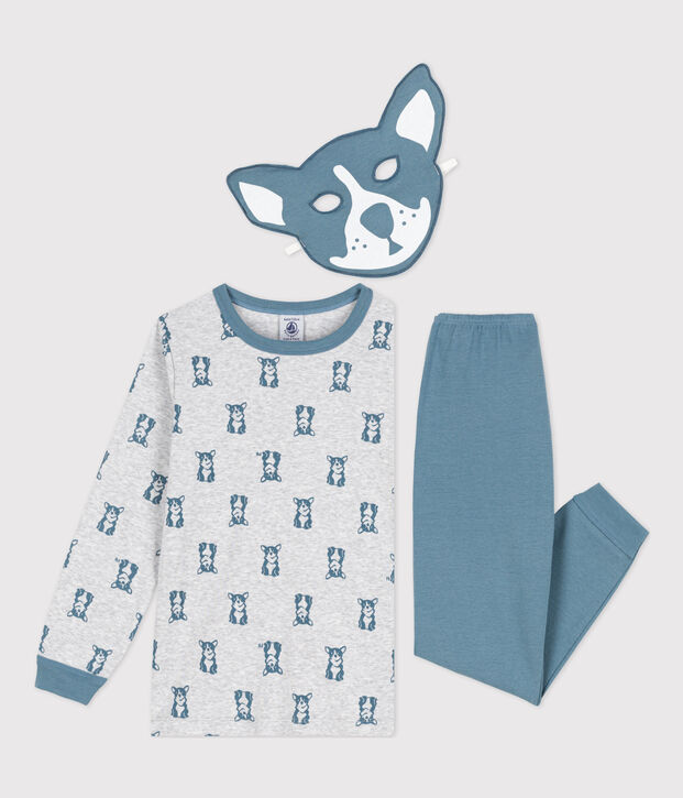 Children's dog pattern cotton pyjamas with mask grey/blue