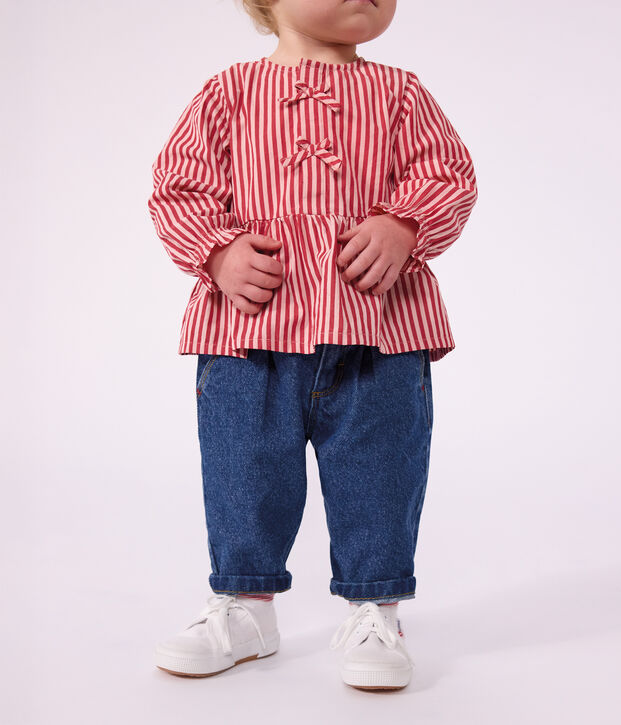 Babies' trousers in plain denim with heart embroidery blue