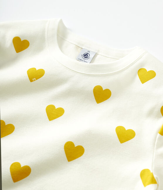 Women's Heart Round-Neck Cotton T-Shirt MARSHMALLOW white/OCRE yellow