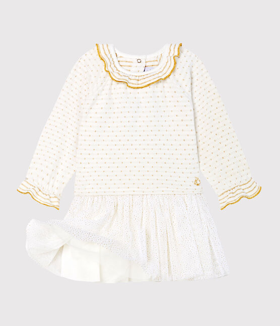 Baby Girls' Long-Sleeved Dual Material Dress MARSHMALLOW white/OR yellow